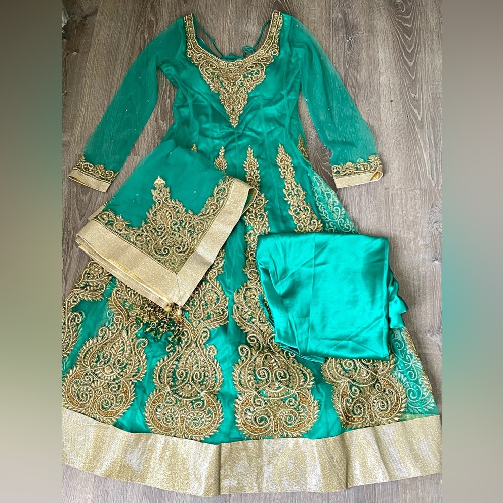 Emerald Green Women's Embroidered Anarkali Dress with Gold Accents